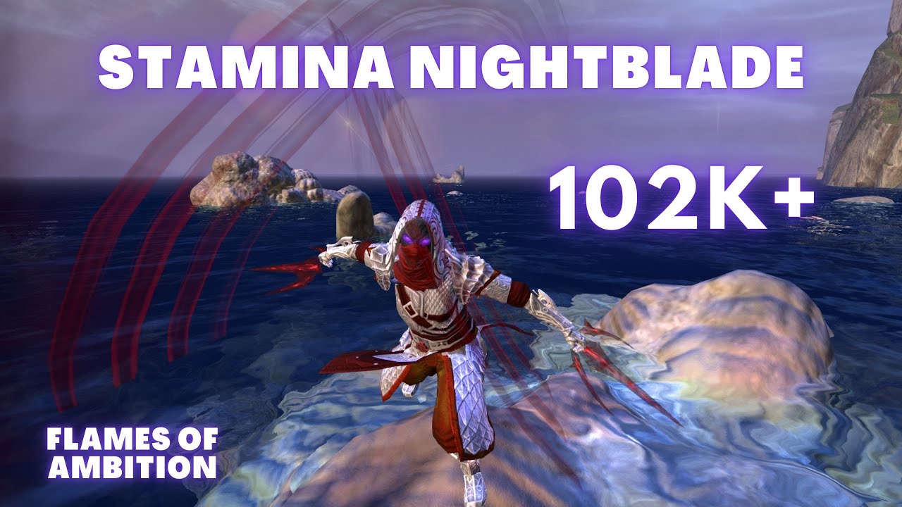 ESO PVE Stamina Nightblade 102.8k (Flames of Ambition) Build and Rotation in Description