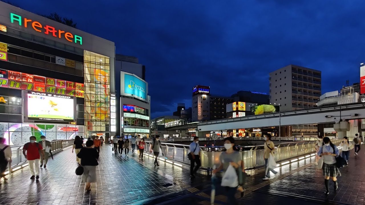 4K Tokyo Walk - Rainy Evening Walk around Tachikawa Station Area- 立川 - Slow TV - Binaural Audio