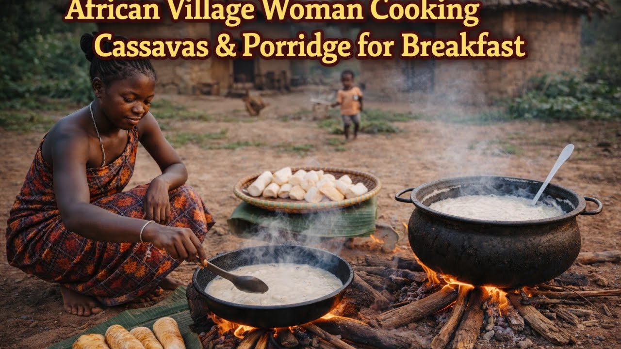 Typical village life of young girl cooking simple breakfast for the family 