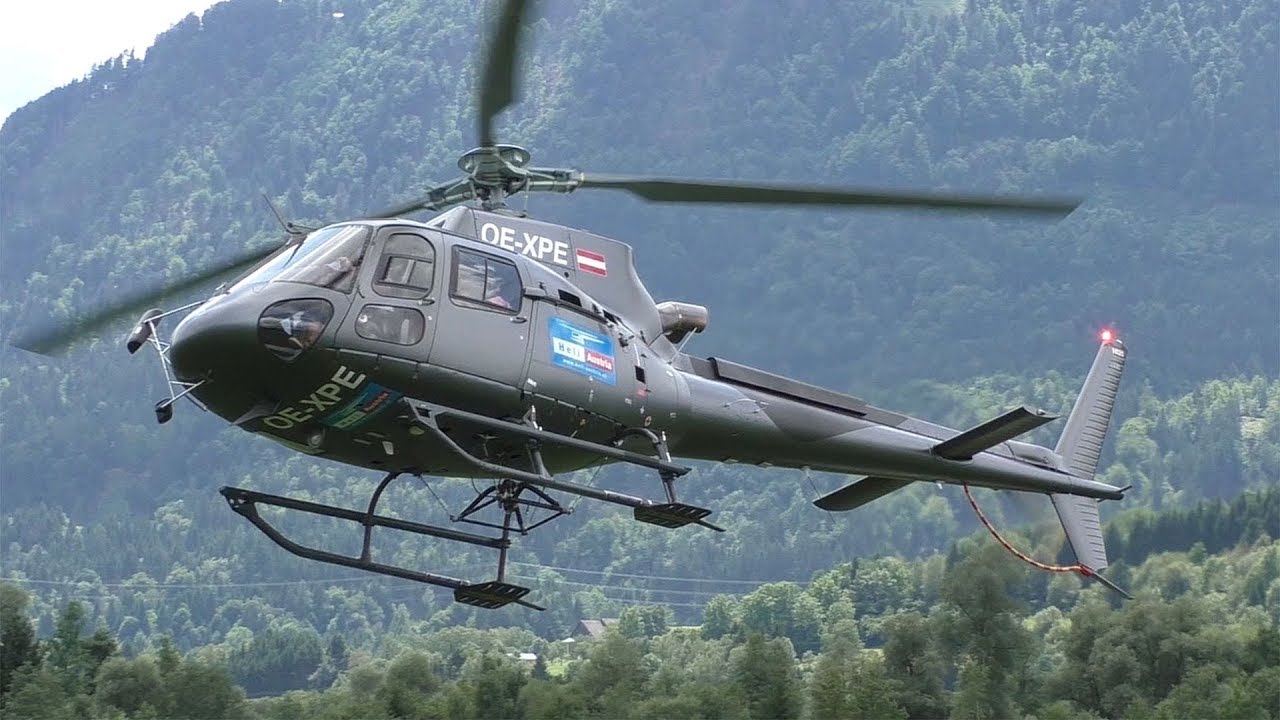 Heli Austria Aerospatiale AS 350 B3 landing and takeoff at Airfield N&ouml;tsch | OE-XPE
