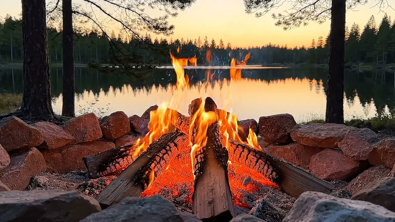 1 Hour Crackling Campfire by the Lake in 4K UHD | Real Fire Sounds Only | Sleep & Relaxation