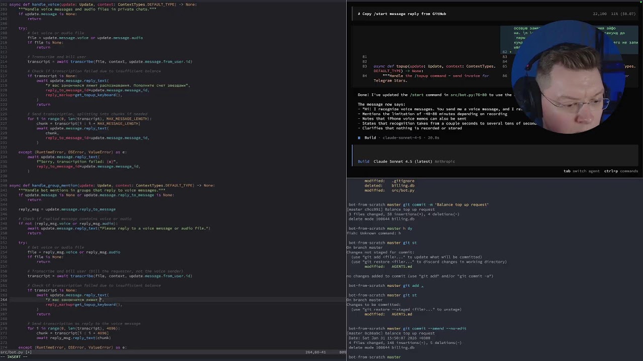 Федя пишет телеграм-бота: python, opencode, claude