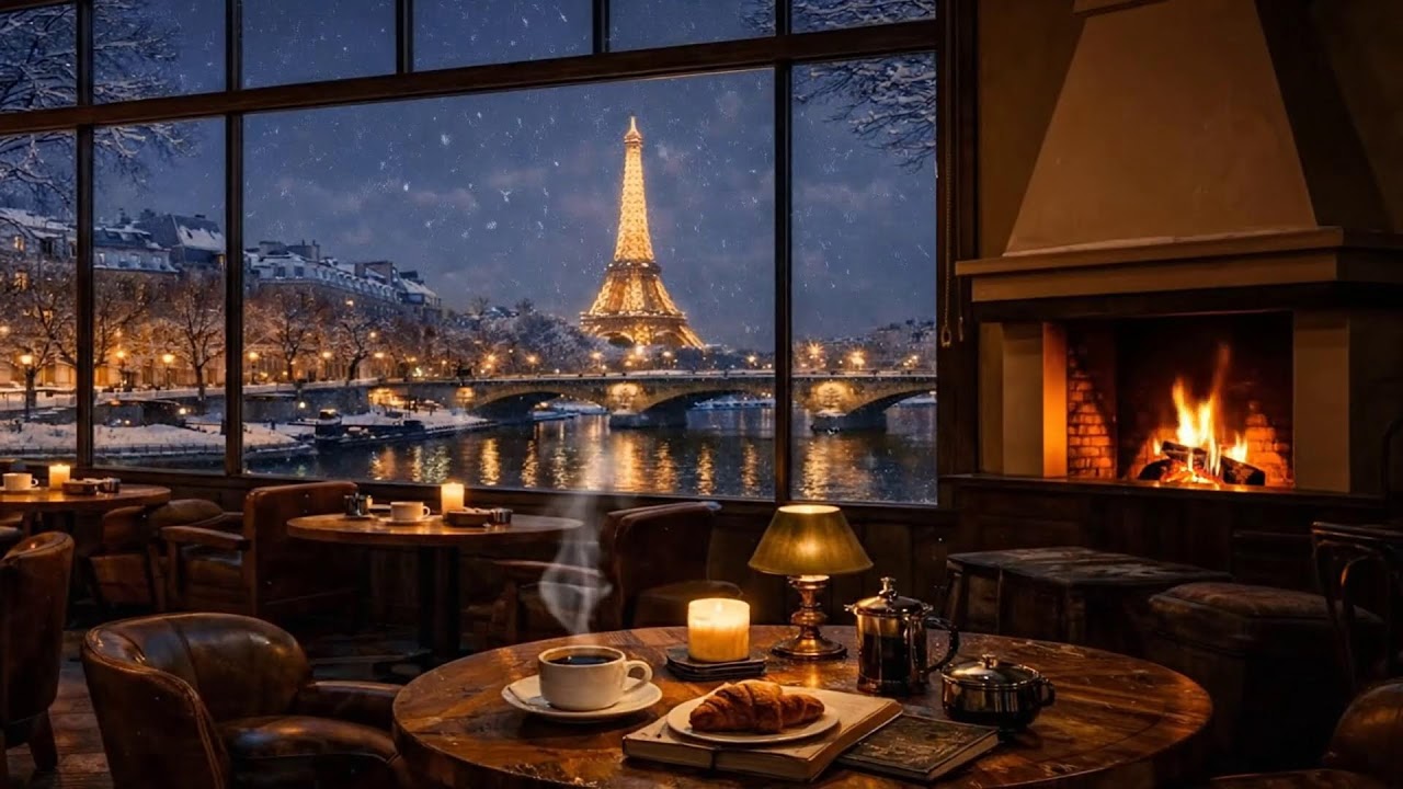 Peaceful Winter Coffee Shop ❄️ Relaxing Jazz Piano & Crackling Fireplace Ambience for Study & Work