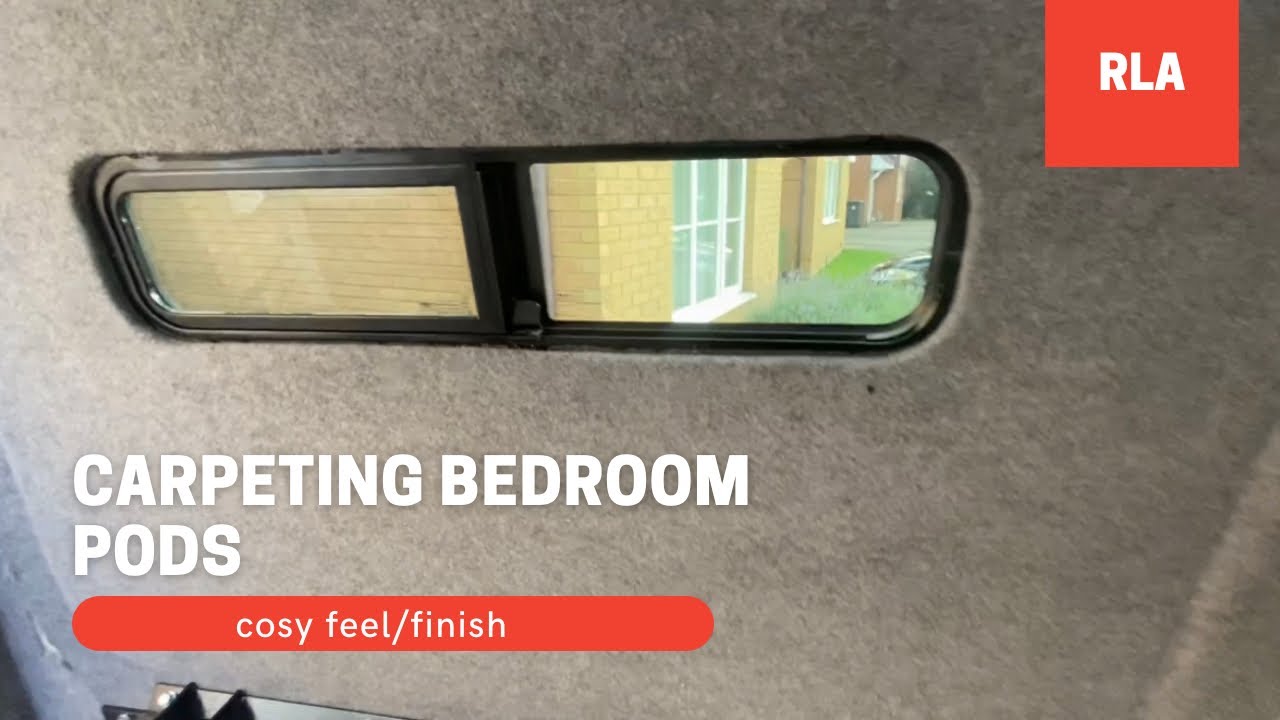vw crafter sprinter camper van conversion build - carpeting bedroom window pods