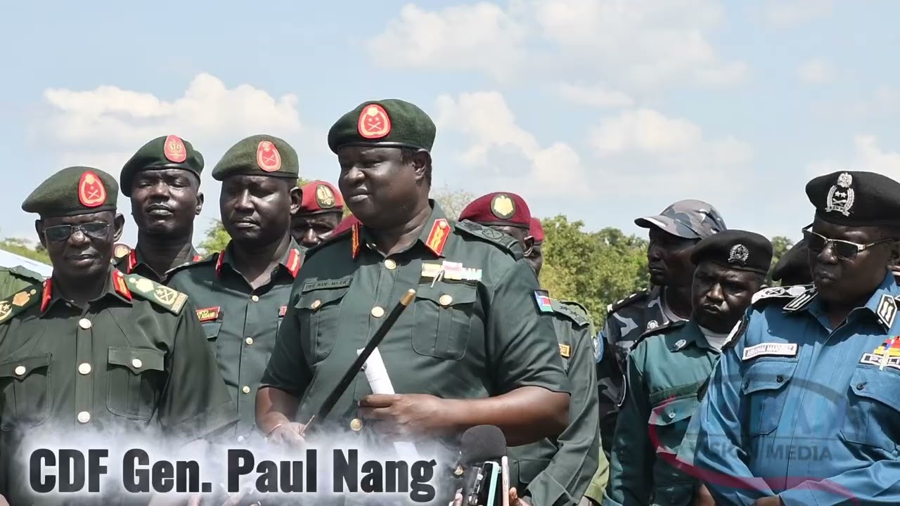 CDF Gen. Paul Nang Majok speaks during the display of 300 recovered firearms in Juba.