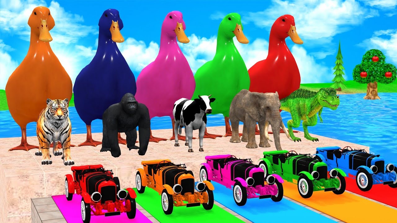 Cow vs Elephant vs Gorilla on a Long Slide 😂 - Funny 3D Animal Game