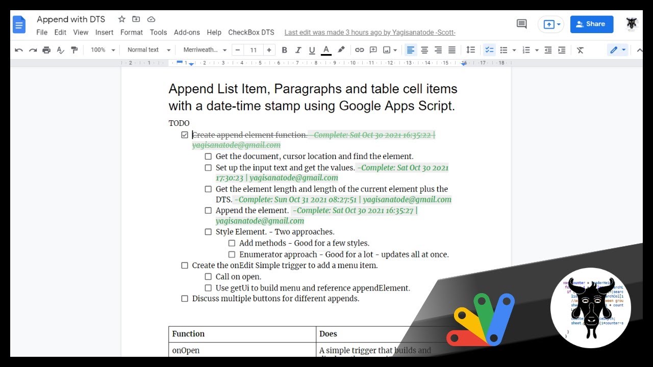 Append a date time stamp to lists, paragraphs and tables in Google Docs with Google Apps Script