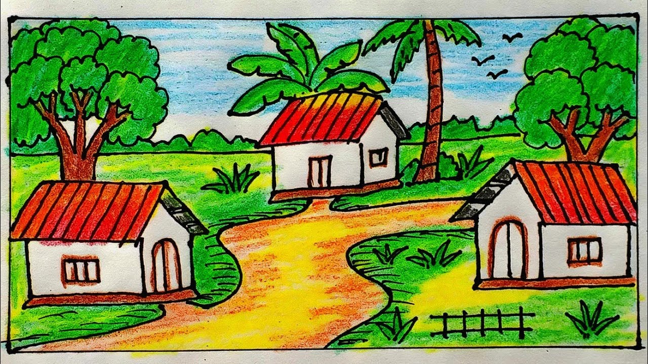 ধাপে ধাপে গ্রামের দৃশ্য অংকন।  How to draw and paint a beautiful village scene step by step.