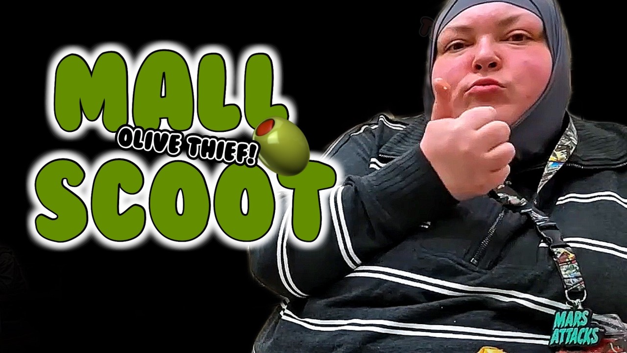 FOODIE SCOOTING THE MALL STEALING A SINGULAR OLIVE.