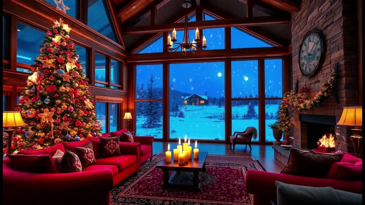 Peaceful Christmas Jazz Music | Winter Cabin Night Atmosphere