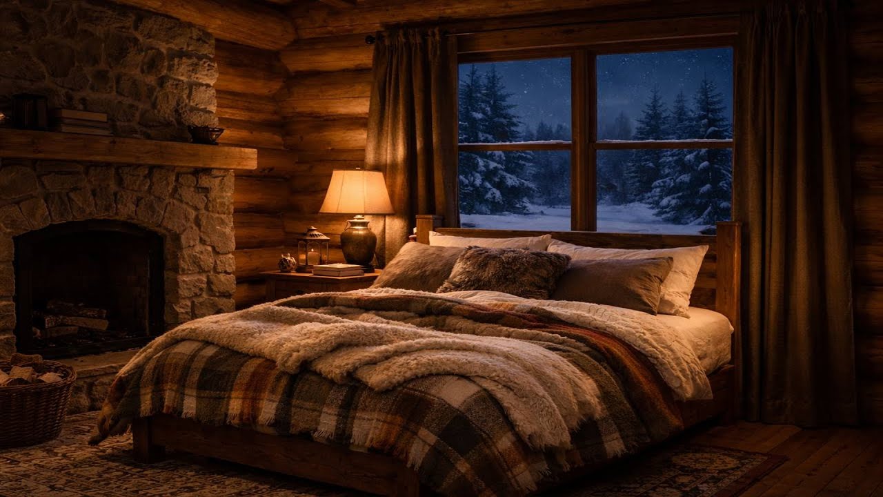 Silent Winter Night in a Cozy Wooden Bedroom | Peaceful Fireplace Ambience | Relaxing Sleep Atmosphe