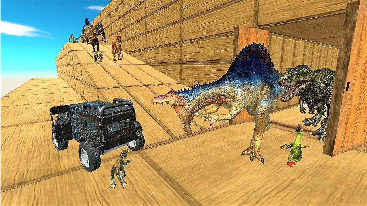Dinosaurs vs. Jeep. Go down the mountain road! - Animal Revolt Battle Simulator