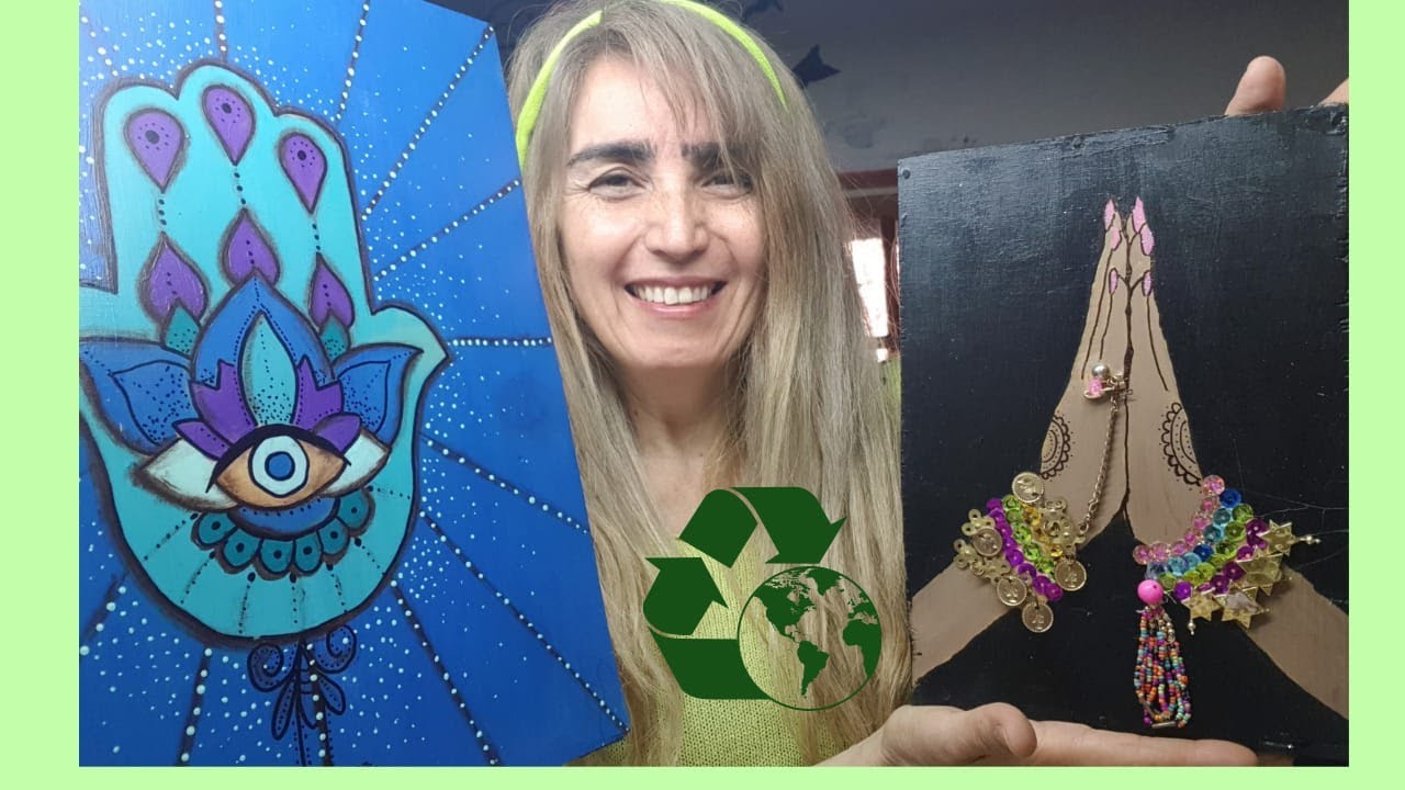 Con bijou lentejuelas y acrílicos hacemos MANO DE FÁTIMA🖐   y MANOS MEDITANDO🙏reciclando maderas♻