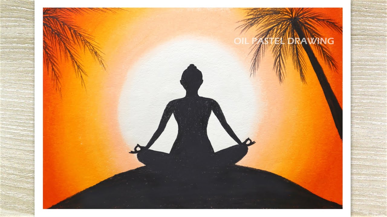 How to draw Yoga day with oil pastels, Meditation drawing, Sunrise Painting