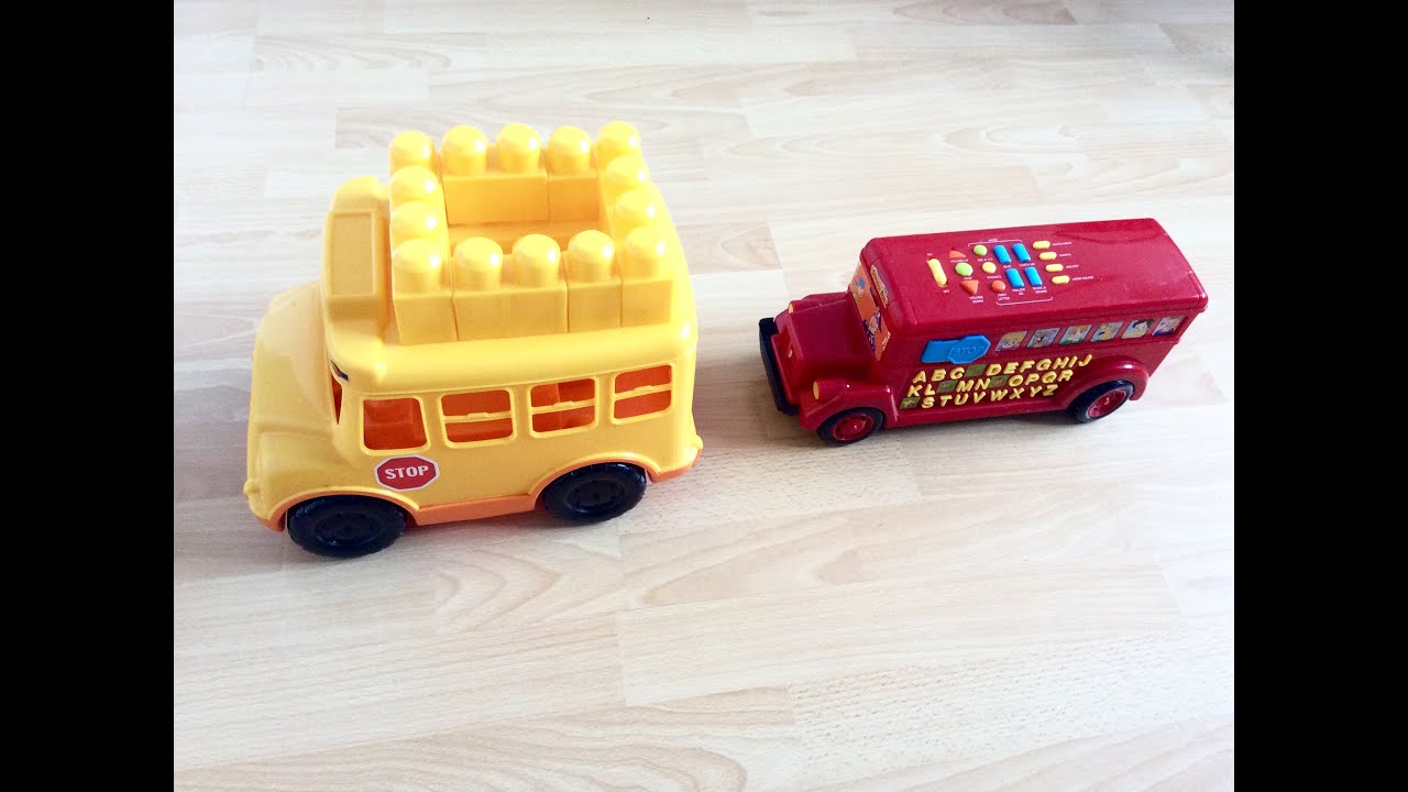 Children's Yellow Mega Blocks Toy School Bus and Red Alphabet and Numbers School Bus