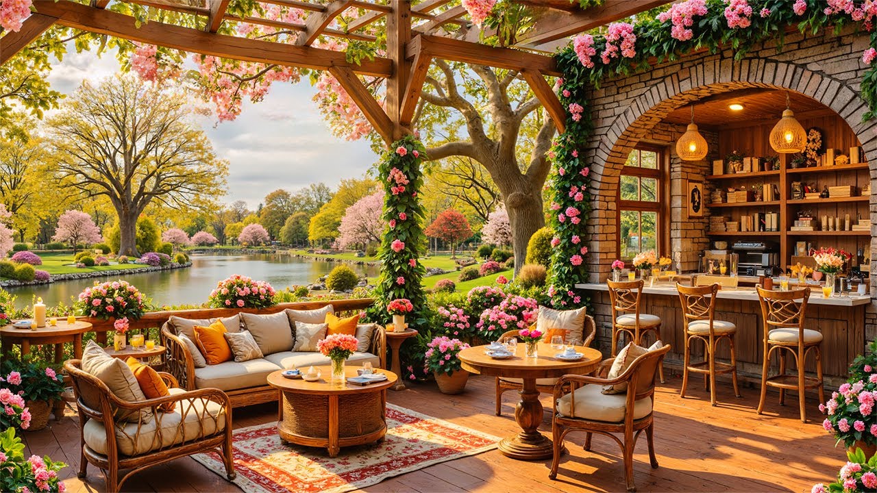 Springtime Ambiance with Soothing Jazz Music | Outdoor Cafe for Studying and Working