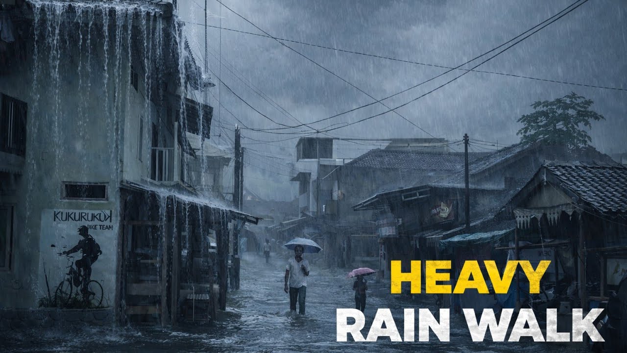 Heavy Rain Walk in a Village Street | Thunderstorm Rain Sounds for Deep Sleep