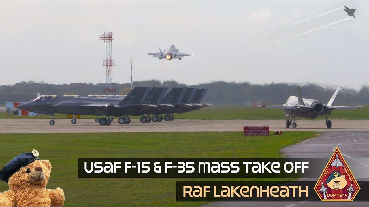 SEND IT! MASS TAKE OFF US AIR FORCE F-15 STRIKE EAGLE & F-35 LIGHTNING &bull; RAF LAKENHEATH 48TH FW