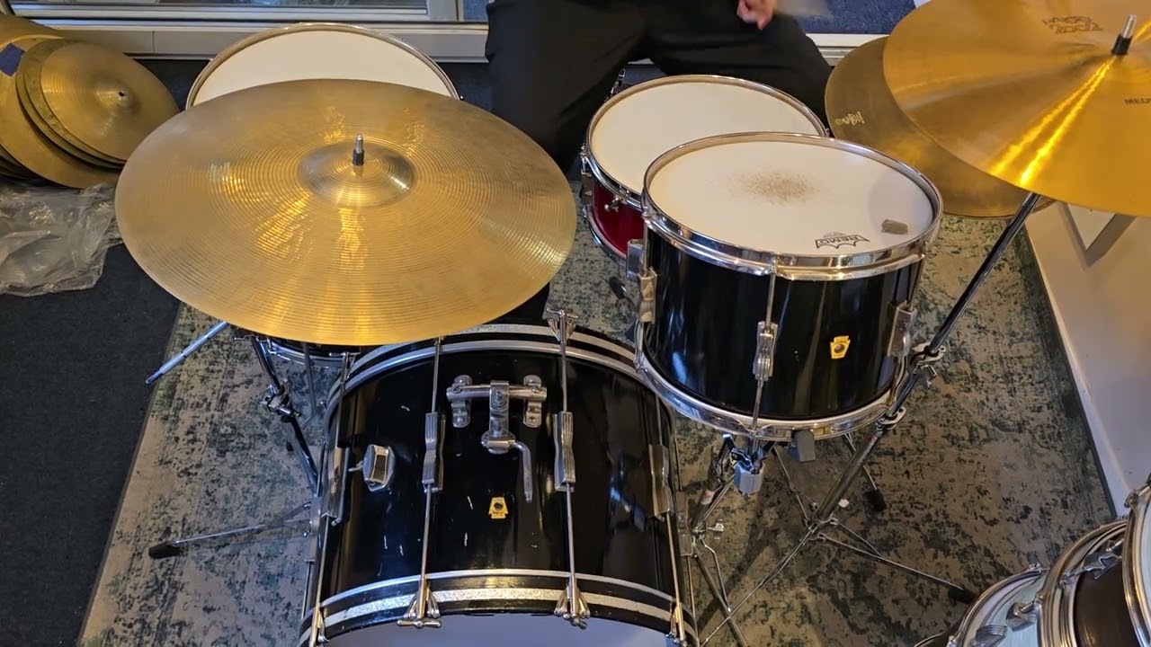 Ludwig 1964 Clubdate 22, 13, 16 in Black Lacquer, Red Sparkle Pioneer 14x5, Paiste 602 and 2002