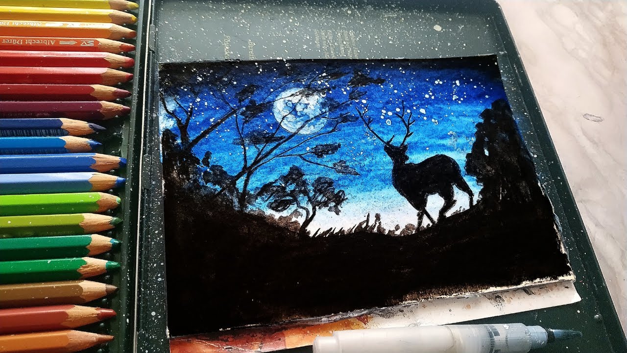 Simple watercolor pencils night sky