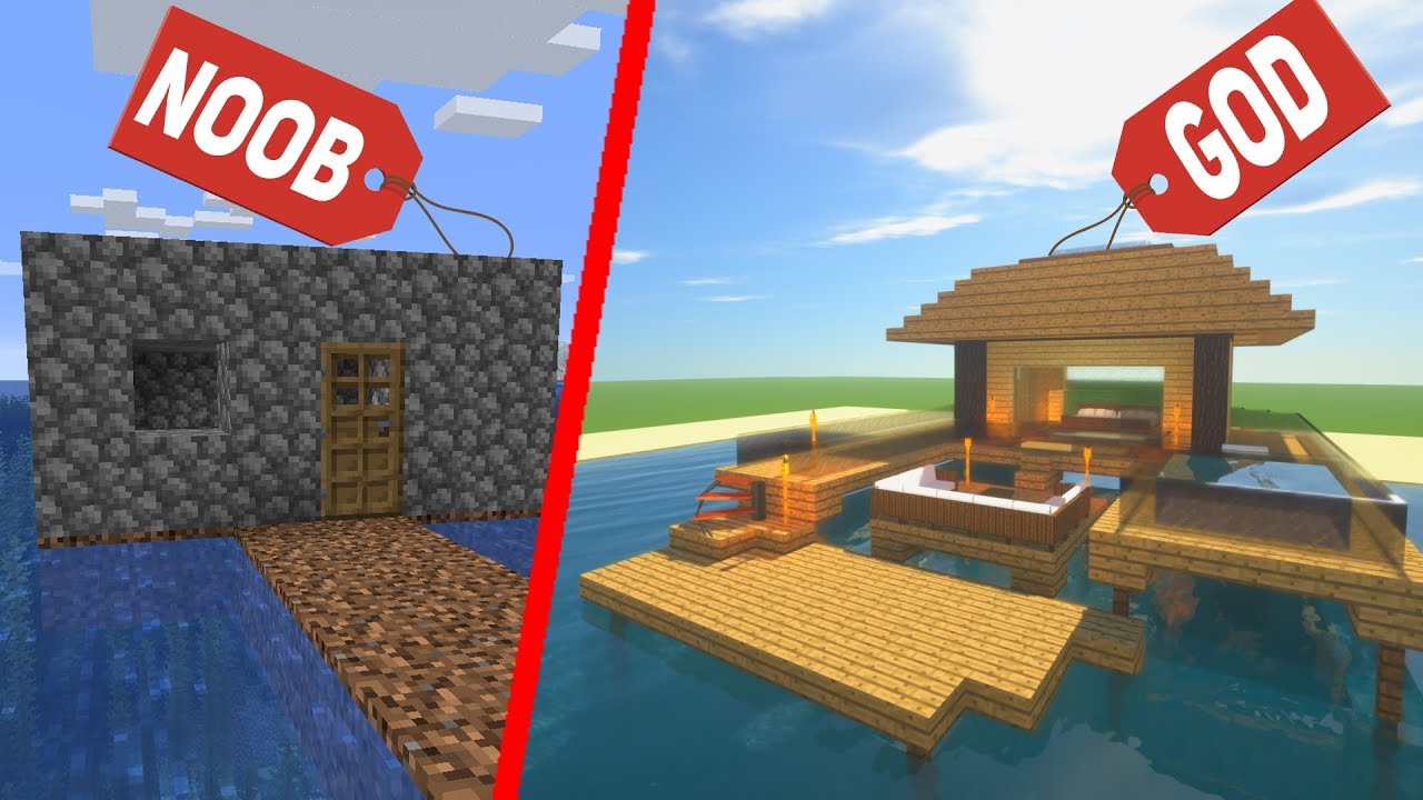 CABAÑA TROPICAL en el AGUA *NOOB vs PRO vs HACKER vs GOD* MINECRAFT
