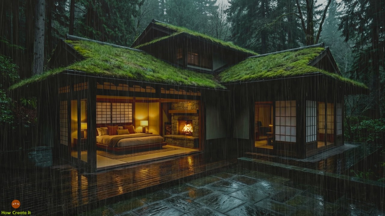 Tranquil Rainy Night, Fireplace and Soft Thunder for Zen Peace in a Japanese Hillside Sanctuary Home