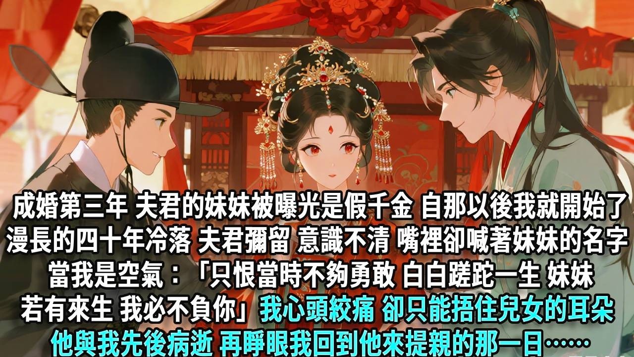 成婚第三年，夫君的妹妹被曝光是假千金，自那以後，我就開始了漫長的四十年冷落。夫君彌留意識不清，嘴裡卻喊著妹妹的名字，當我是空氣：「只恨當時不夠勇敢，白白蹉跎一生。妹妹，若有來生，我必不負你」我心頭絞痛