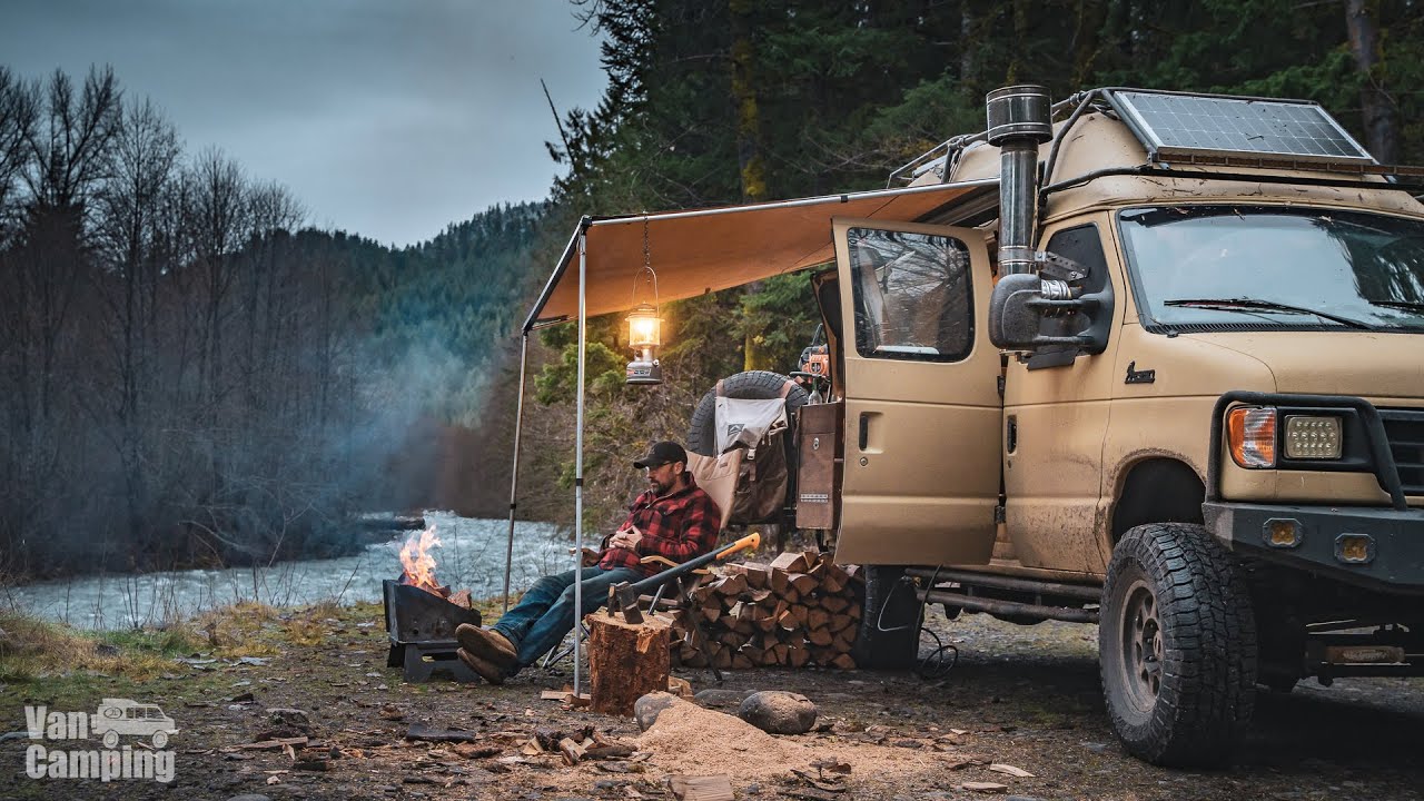 Van Camping Flowing River Camp Fire Wood Splitting Cooking and Whiskey Season 3 Episode 6