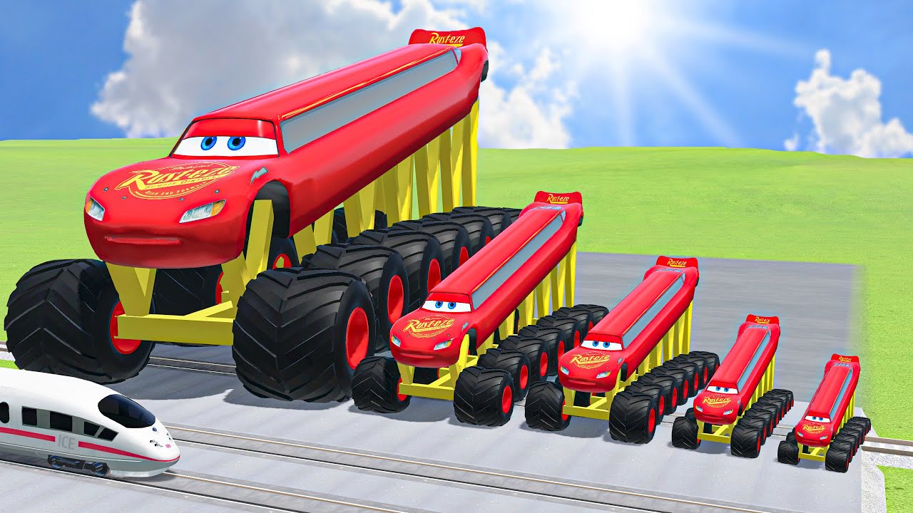 Big & Small, Long & Tall Lightning Mcqueen with Monster Truck Wheels vs Trains | BeamNG.Drive