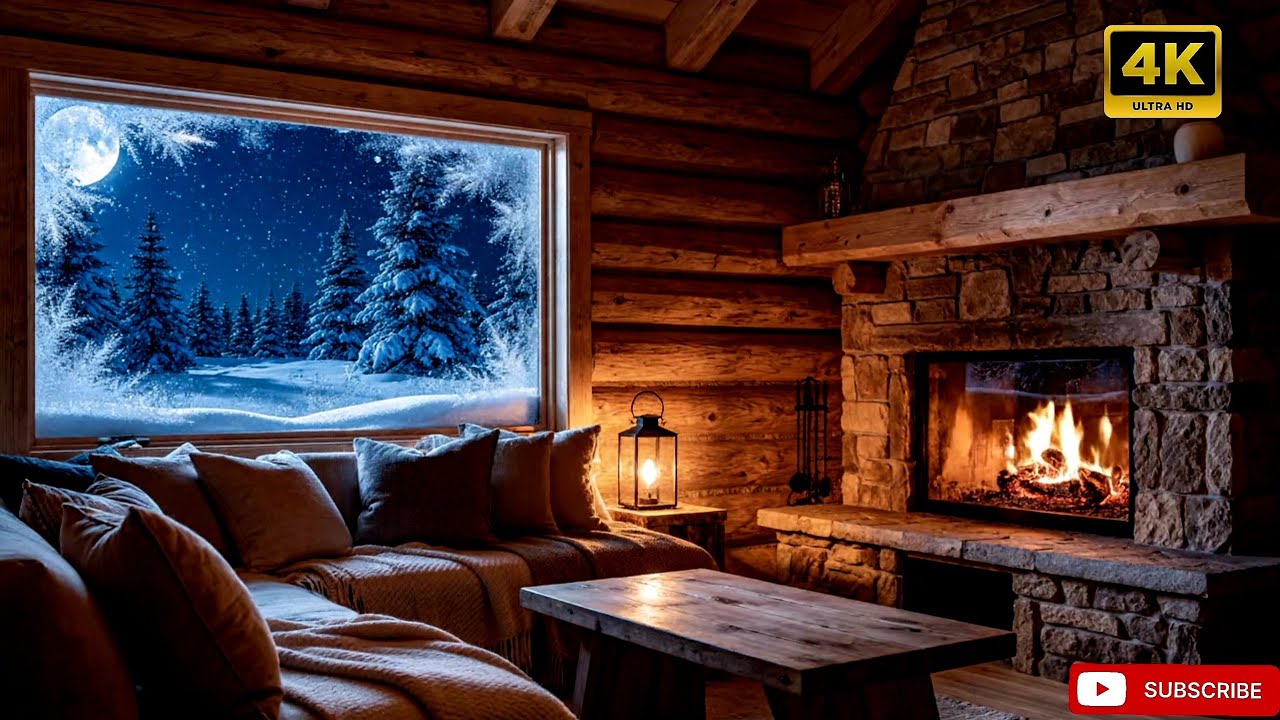 4K INSTANT SLEEP winter ambience in Cozy Cabin with Smooth piano Jazz🎶 + Fireplace 🔥