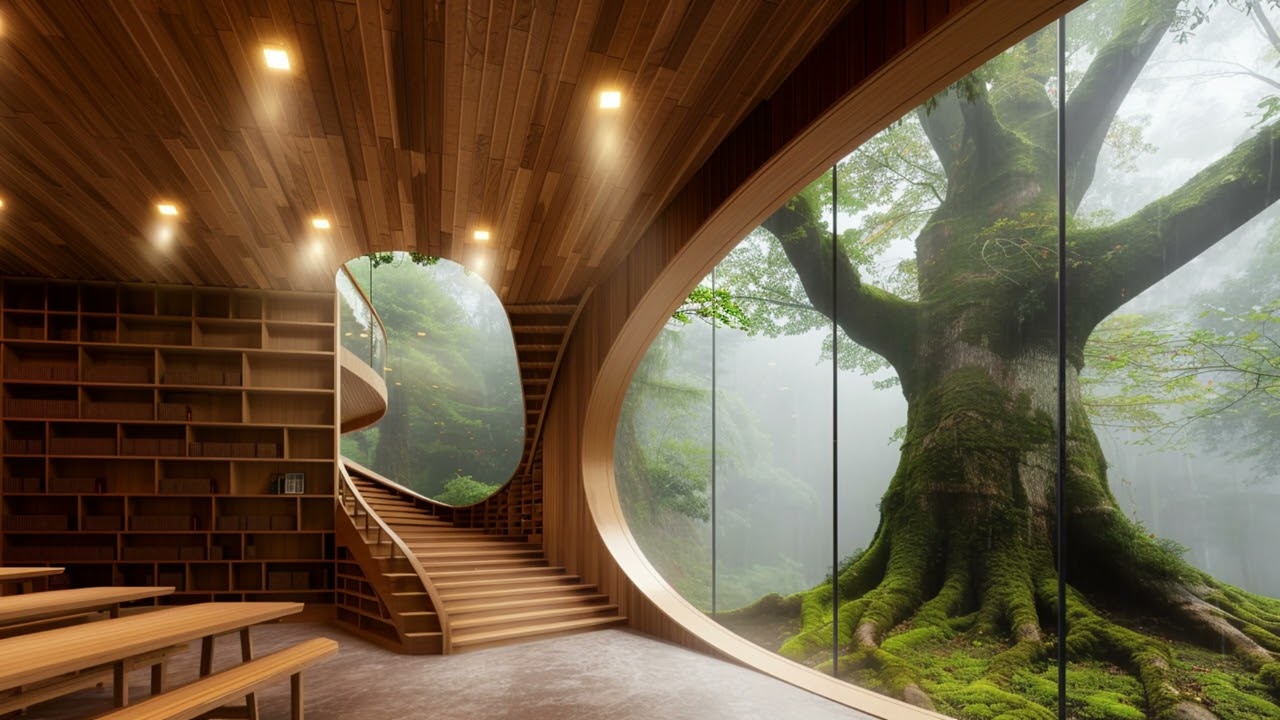Cozy Wooden Library in the Rain - Ancient Tree View Ambience | Relaxing Study & Sleep Music [4K]