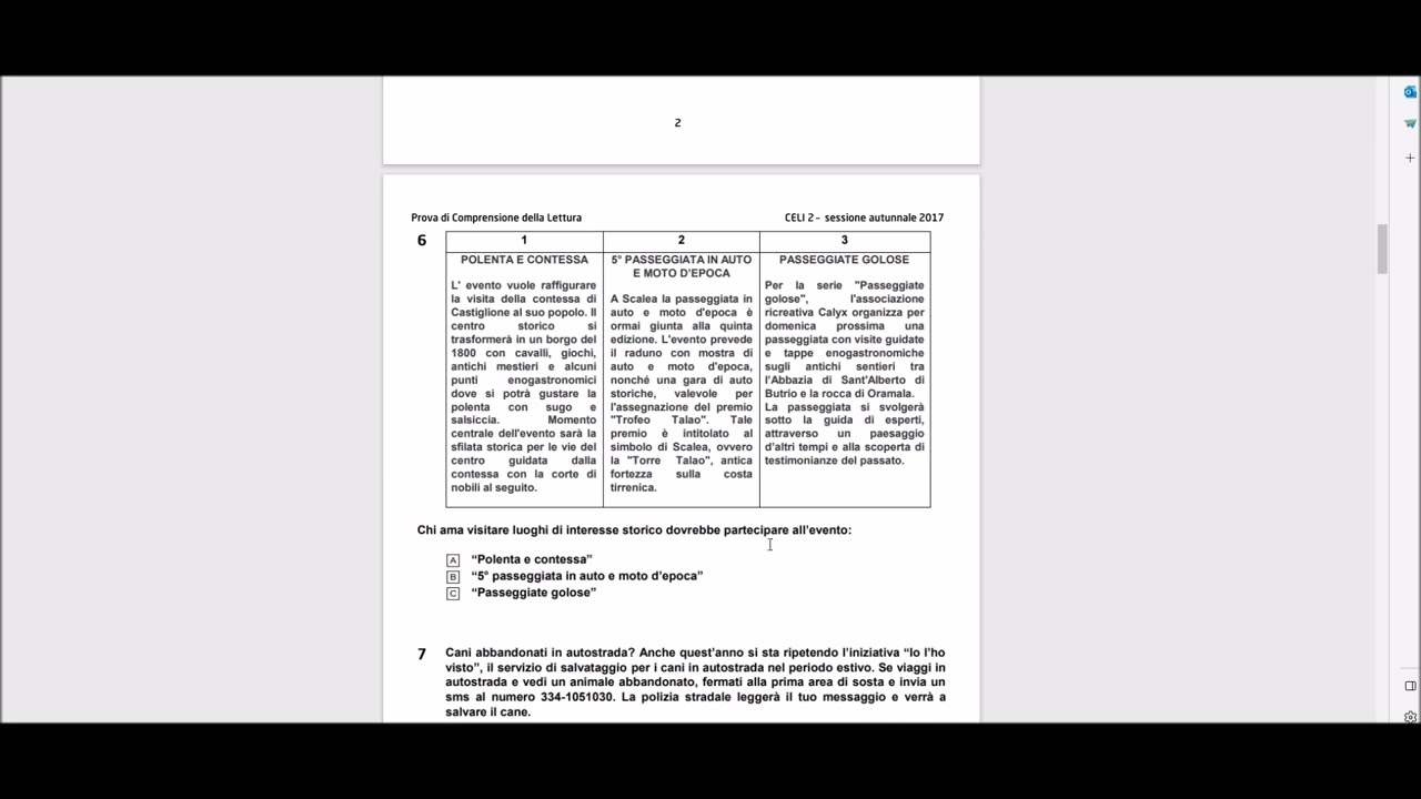 CELI 2 Livello B1 | 2017 | Prova di Comprensione dei Testi Scritti/ 1/2 con soluzioni