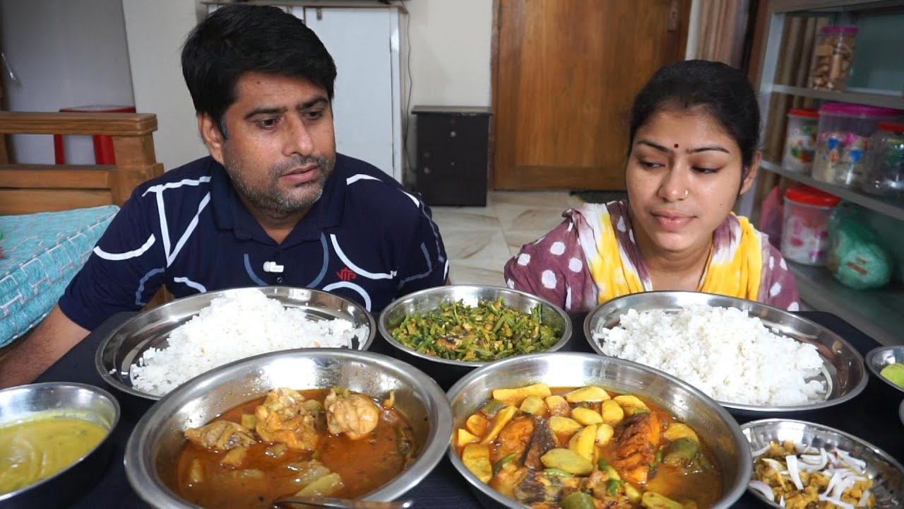 bigbites, eating show 😍 eating chicken curry, big fish curry,chorchori, dal