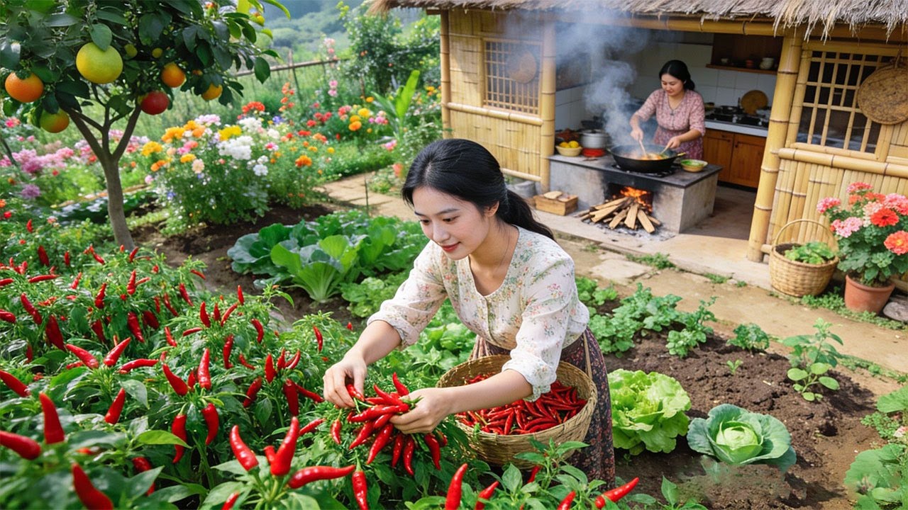 Peaceful Country Life: Gardening, Fresh Chili Pepper Harvest, cooking Traditional Beef Offal Hot Pot