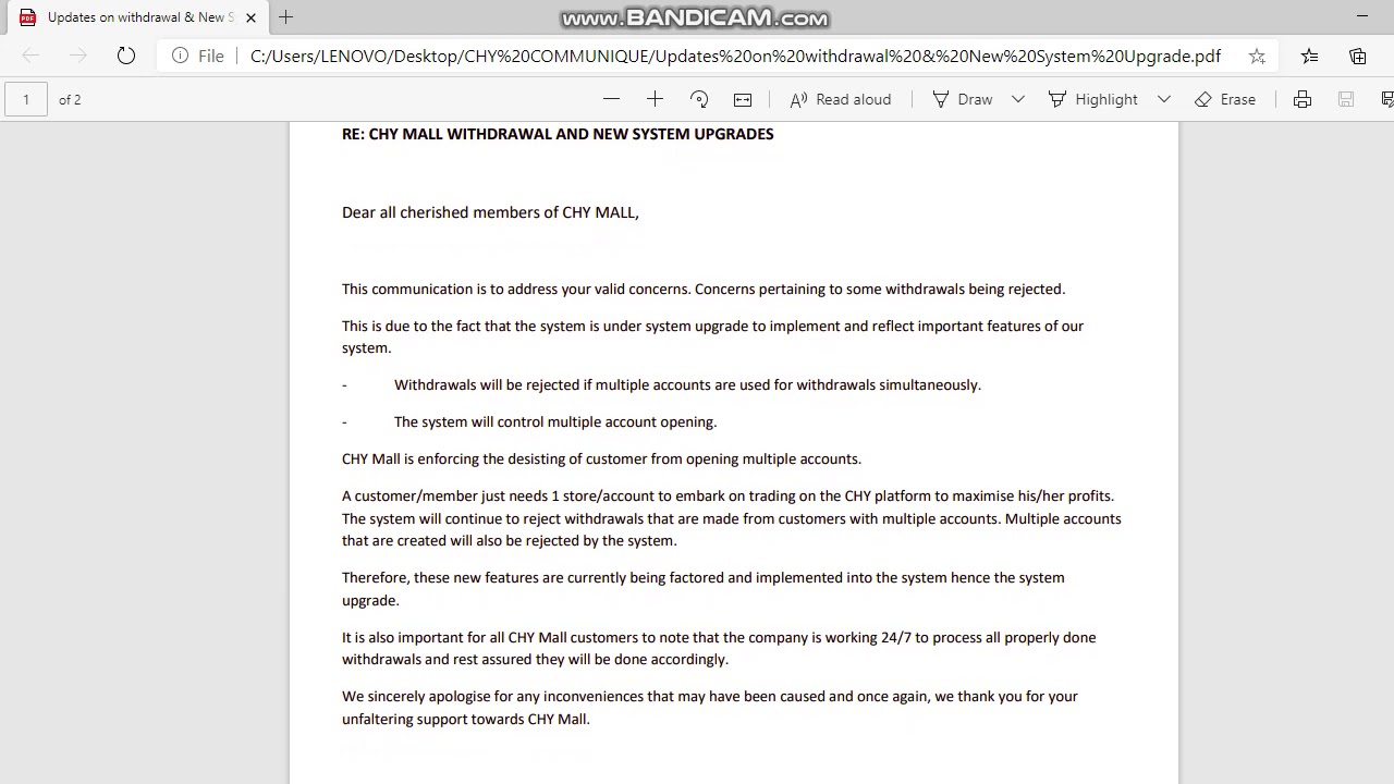 CHYmall | Withdrawal issues Addressed (Communique 34)