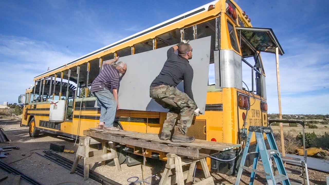 Setting Bus Windows ~ First Sheet Metal For Our Skoolie Roof Raise