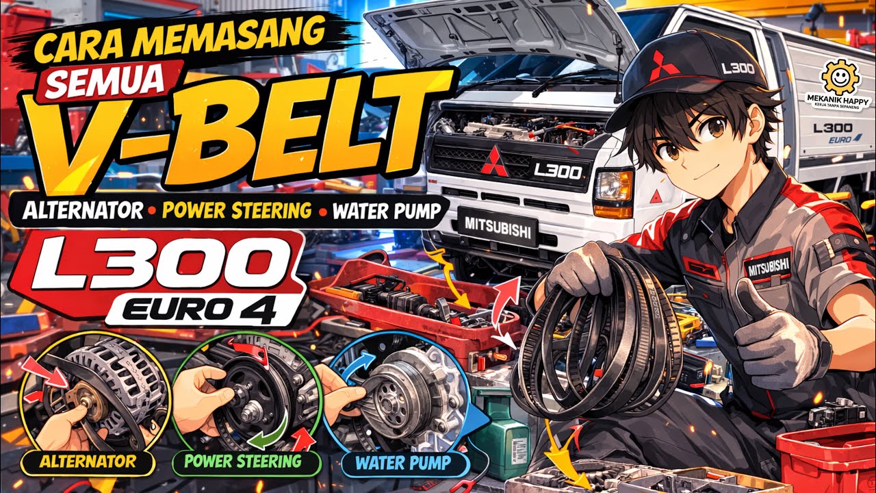 Cara memasang V-belt Alternator, Power Stering, Water pump mobil L300 euro4 //