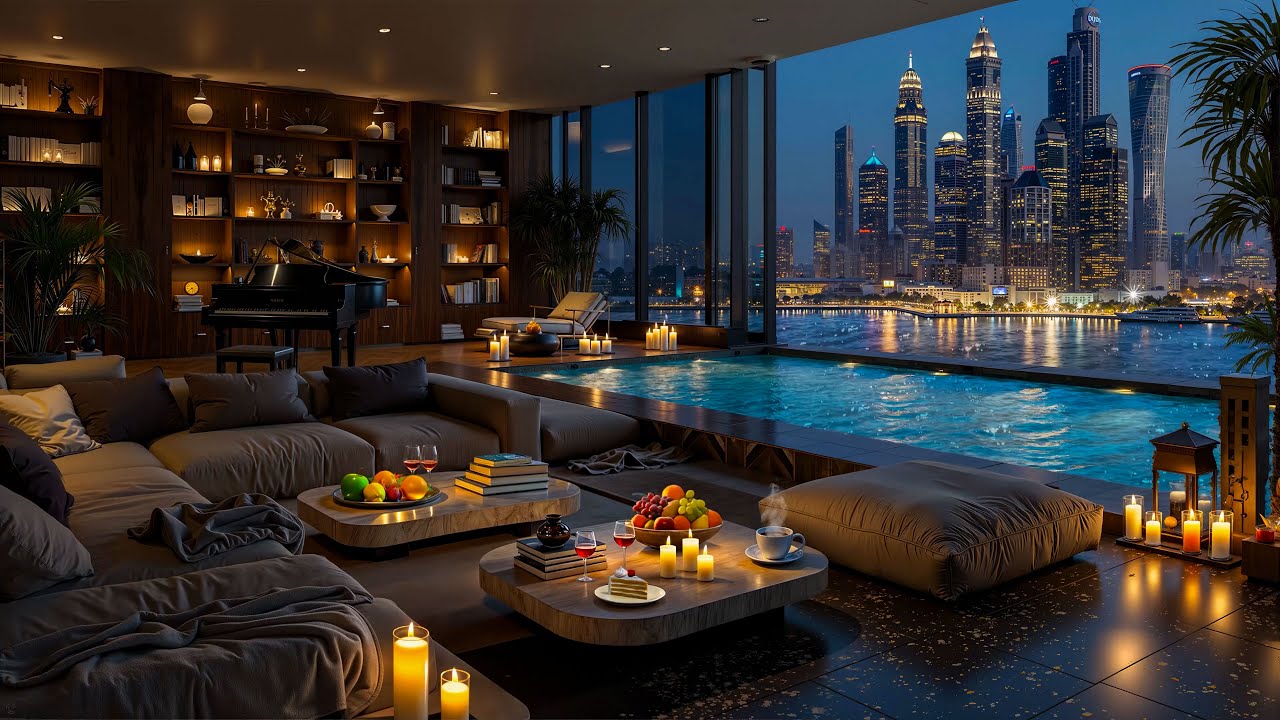 4K Dubai Skyline by the Sea 🌊 Elegant Jazz Piano Ambience in Luxury Apartment for Work & Relax