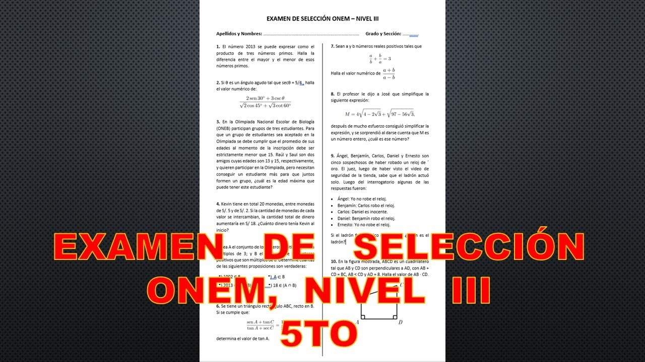 ONEM NIVEL III (5to de secundaria), EXAMEN DE SELECCION