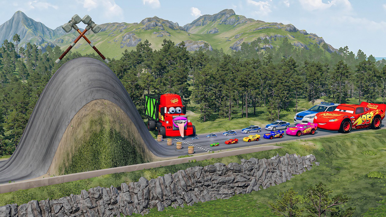 Big & Small McQueen & Police Car vs Zombie Mack, Giant Bulge & Hammer Downhill Race – BeamNG.drive