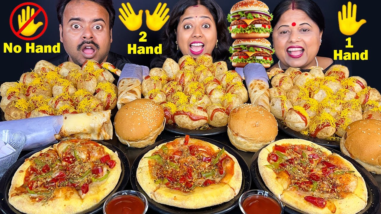 NO Hands vs One Hand vs Two Hands Eating Challenge Dominos Pizza, Fuchka,Burger,EggRoll Street Food
