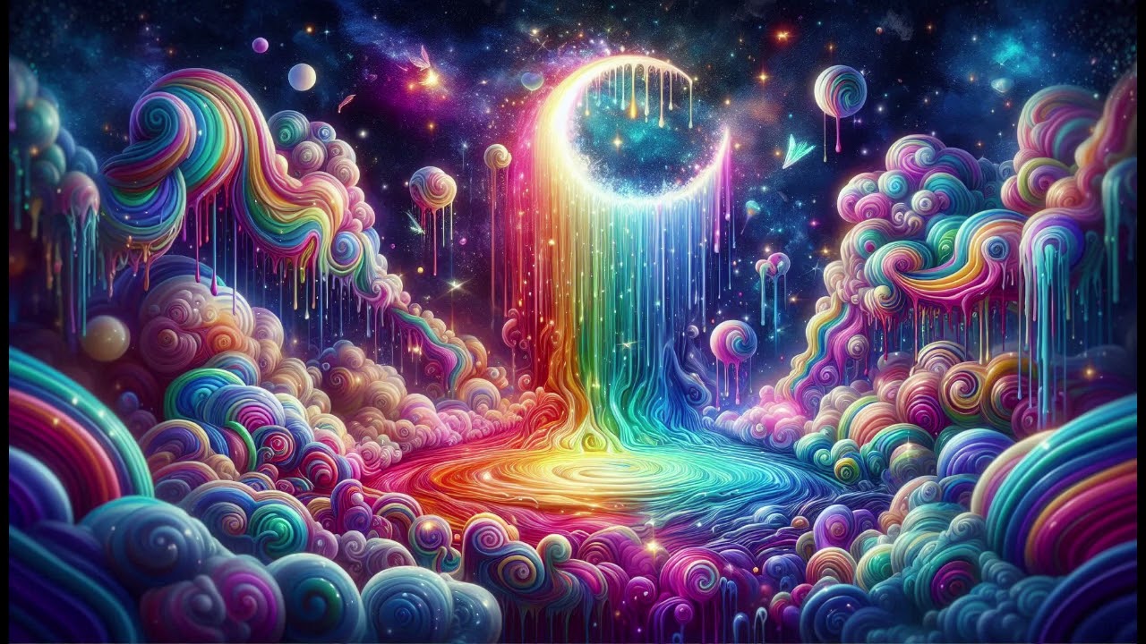 Psychedelic Night with a Melting Moon and River background / wallpaper with Waterfall Sound