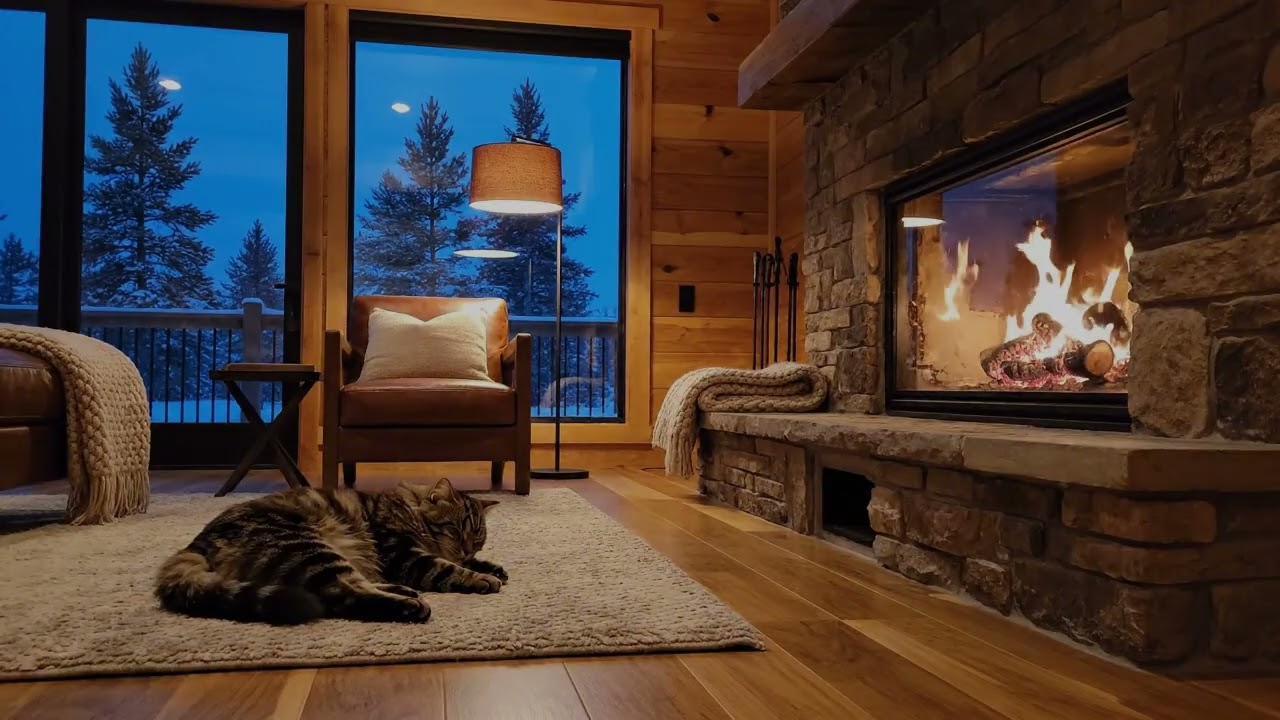 Snowy Evening Fireplace Glow with a Purring Cat for Ultimate Sleep and Comfort