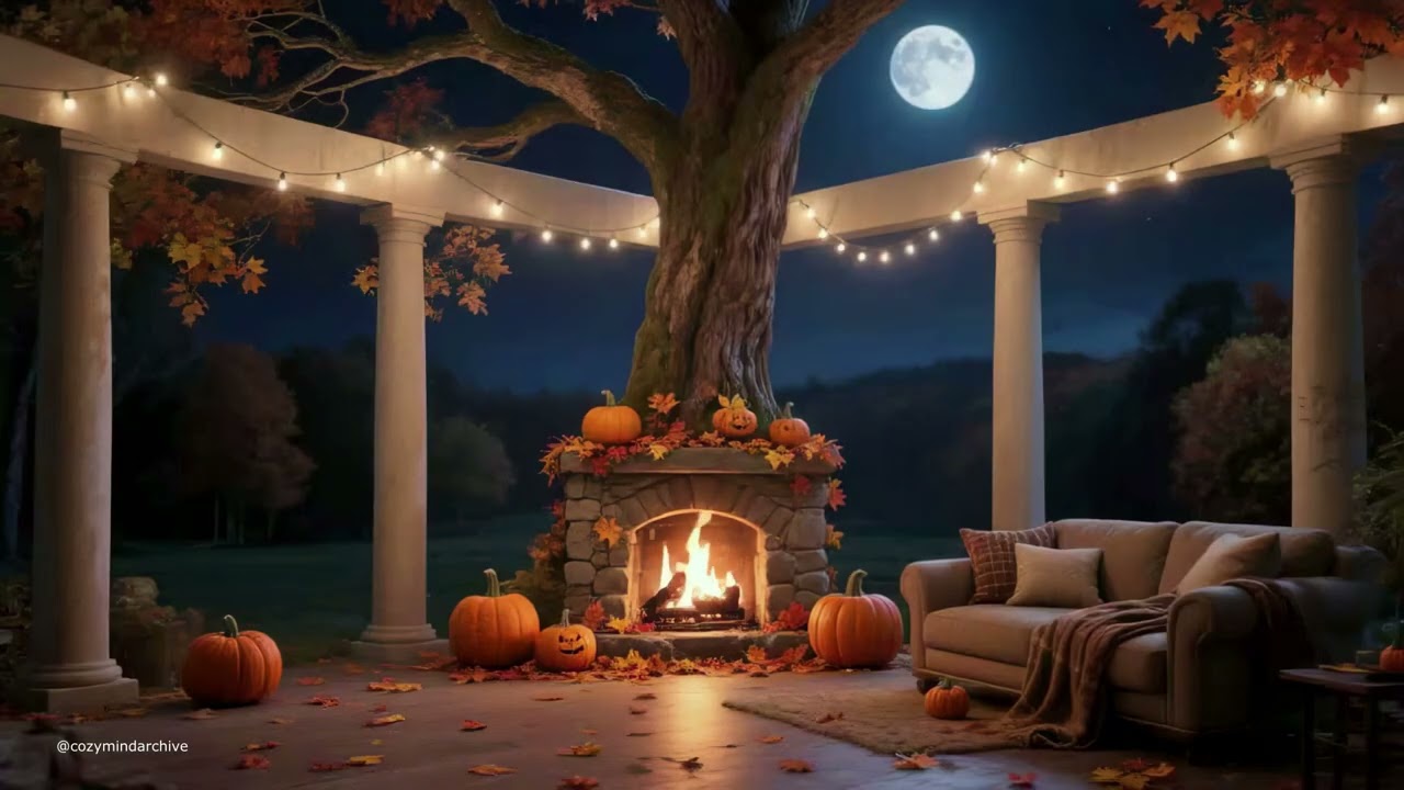 Cozy Autumn Evening by the Outdoor Fireplace | Smooth Jazz Piano & Crackling Fire Sounds