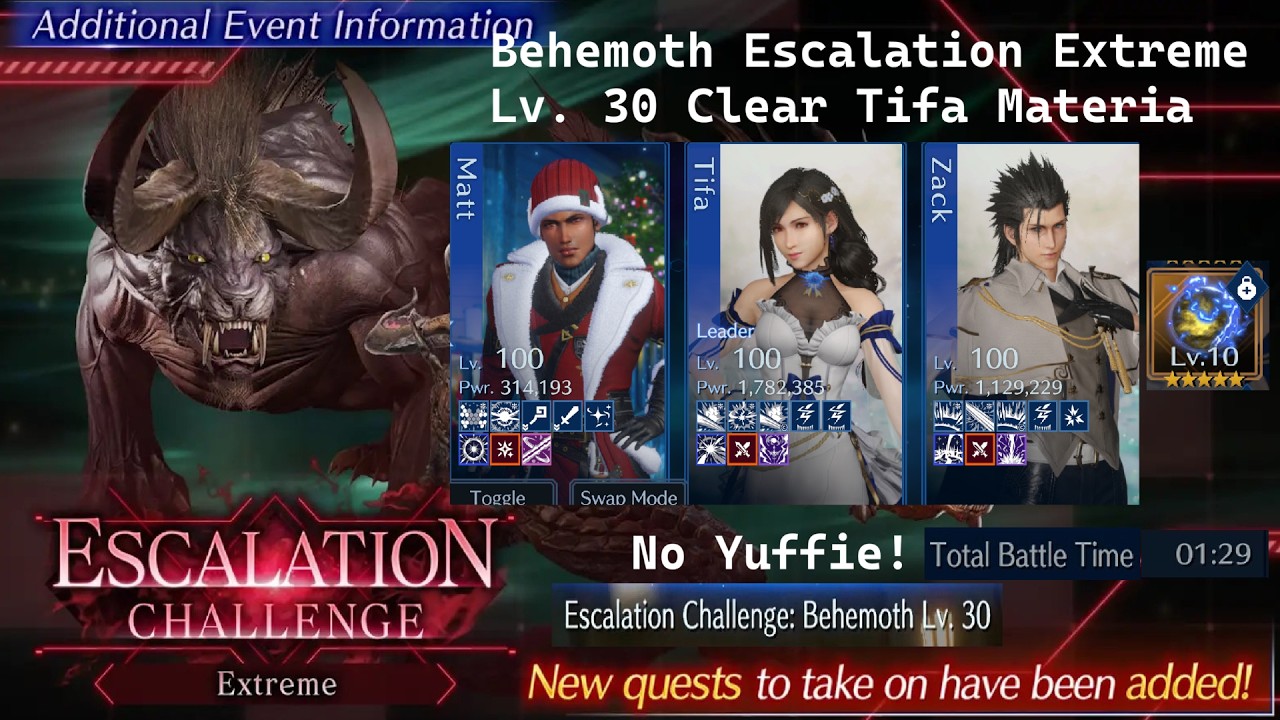[FF7 Ever Crisis] Behemoth Extreme Escalation Challenge Lv. 30/25 - Tifa materia clear - No Yuffie