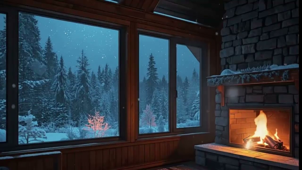 Snowy Winter Cabin with Fireplace ❄️🔥 Blizzard Sounds Outside (4K Cozy Ambience)