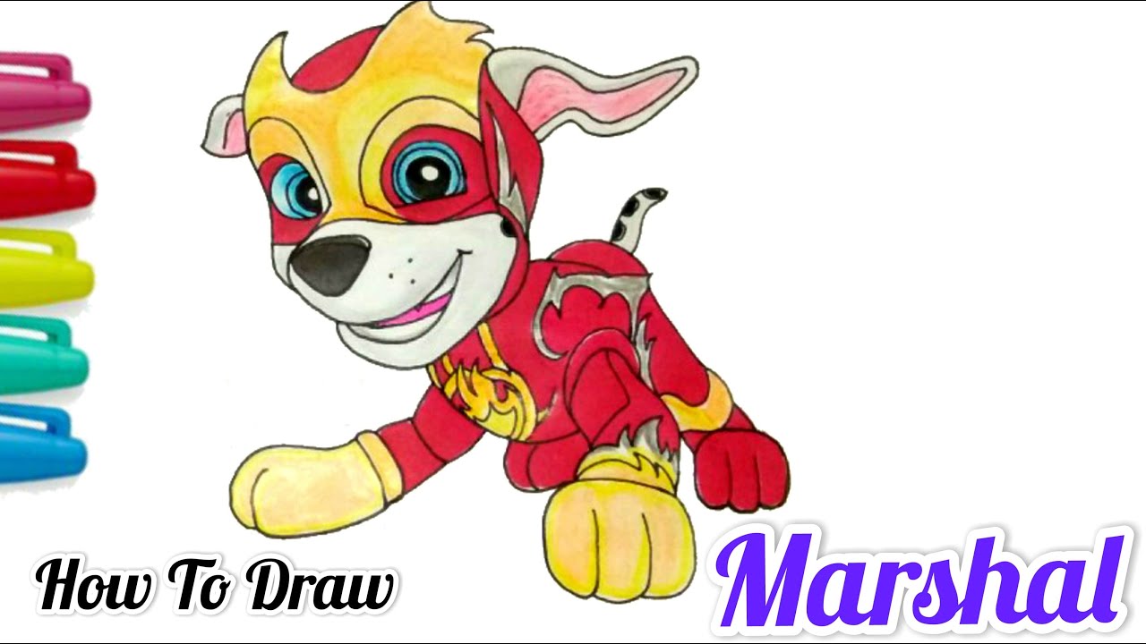 How To Draw + Color Marshall The Mighty Pup / Mighty Marshal From Paw Patrol Easy Step by  Step