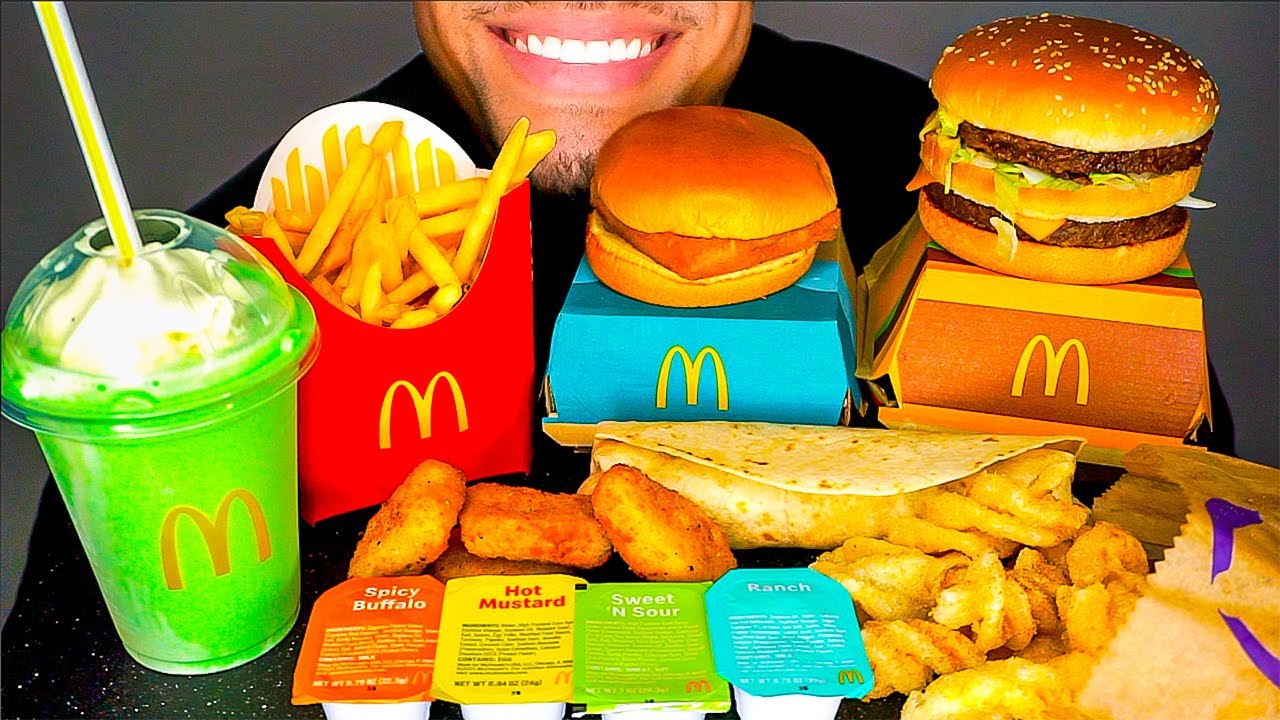 ASMR McDonalds Mukbang BIG Mac Chicken Nuggets Burrito Cinnamon Twist Shamrock Milkshake Eating