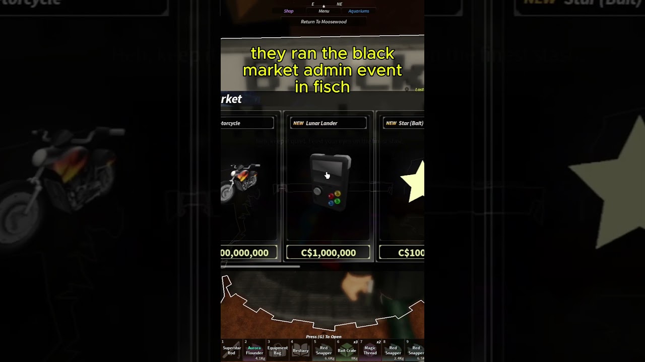 black market admin event in fisch roblox (katana rod, sword of darknes, atomic nuke, money title)