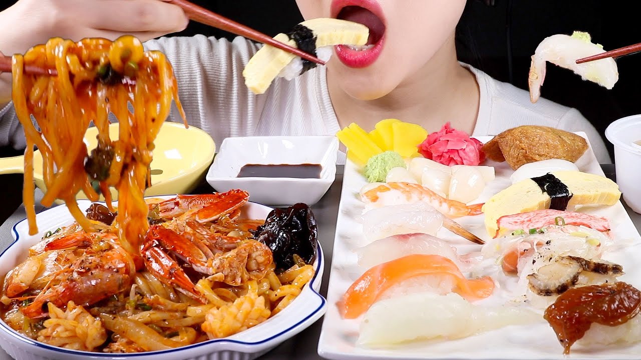 ASMR 초밥, 해물볶음짬뽕우동(야끼우동) 먹방 | Sushi and Spicy Seafood Udon Noodles | Eating Sounds Mukbang